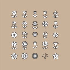 Flowers editable stroke outline icons set isolated flat vector illustration