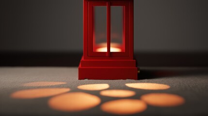 Minimal image of a glowing red lantern projecting circular light reflections onto a flat surface in a dark room.

