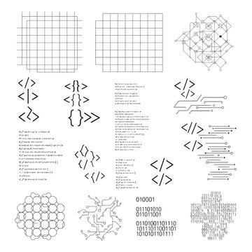 Clean coding icons for development projects, software design elements, and modern tech interfaces for app design, website layouts, and futuristic presentations