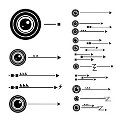 Obraz premium Modern black and white eye symbols with arrows pointing forward convey a feeling of vision, direction, and progress in a minimalist graphic design