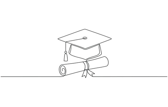 graduation cap and diploma, Minimalist continuous one line drawing.