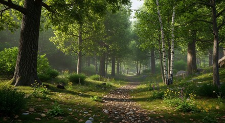Fototapeta premium Sunlit Forest Path - A Serene Walk Through Natures Embrace.
