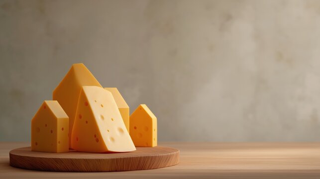 Creative food composition featuring yellow cheese blocks shaped and arranged to resemble small houses on a wooden board.
