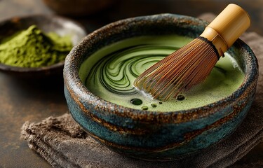 Perfectly whipped, earthy matcha tea flows in a handmade basin. Its vivid green color offers a revitalizing and nutritious experience. Zen in a cup for a time.