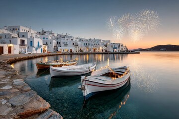 Fototapeta premium Charming harbor scene featuring festive fishing boats adorned with lights, reflecting on tranquil waters, capturing the essence of a picturesque holiday celebration