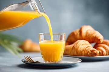 Fresh orange juice being poured from a glass pitcher into a clear tumbler on a breakfast table with buttery croissants representing a healthy morning meal and hotel brunch concept