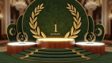 A luxurious green and gold award ceremony stage with a laurel wreath and number 1, 2, and 3 podiums.