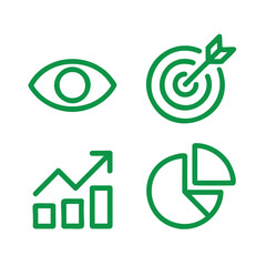 Business analytics flat vector icons: vision, goal, growth, chart in green