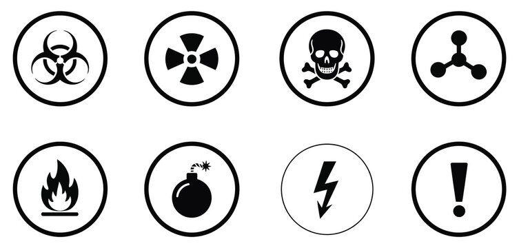 biohazard, radiation, skull and crossbones, exclamation mark, flammable, chemical hazard, high voltage, and explosive icons set, including biohazard, radiation, and poison skull badges
