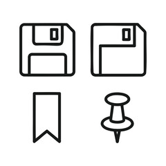 Minimalist vector set of floppy disk, folder icon, bookmark, and pushpin on white