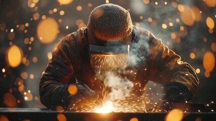 Welder at Work: A skilled welder, shielded by a protective helmet, meticulously works with a bright spark, a display of craftsmanship and industrial prowess.