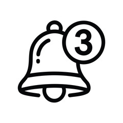 Bell notification icon with number three, depicting new alerts or messages; vector art