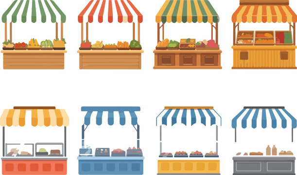 Street Market Stall Vector Set &ndash; Awning and Products Illustration