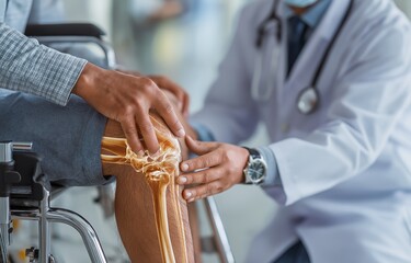 Following surgery, a doctor and nurse are evaluating the patient's knee in a wheelchair for physical therapy, rehabilitation, and the healing process.