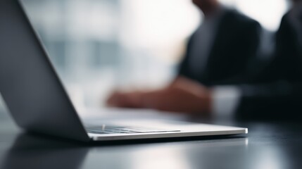 Laptop collaboration with business team discussing corporate project in modern office, technology and teamwork concept