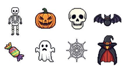 Pixel art halloween icons set: skeleton, pumpkin, skull, bat, candy, ghost, spider web, witch hat