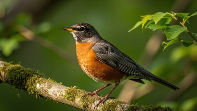 A robin perched on a branch with green leaves in the background.