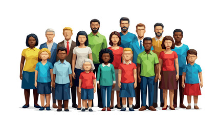 Obraz premium Diverse group of people standing together in low poly style on white background