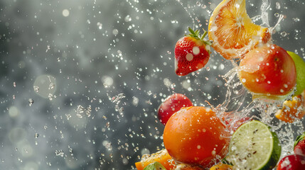 Assortment of fresh fruits splashing into water with droplets frozen in motion
