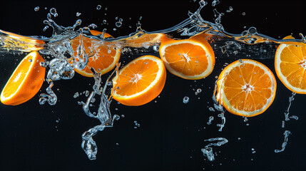 Fresh orange slices splashing into clear water with dark background