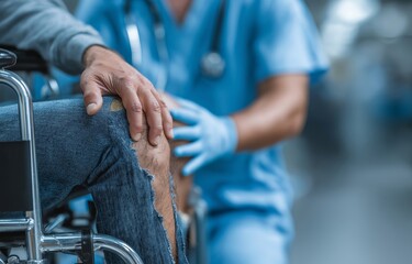 Following surgery, a doctor and nurse are evaluating the patient's knee in a wheelchair for physical therapy, rehabilitation, and the healing process.