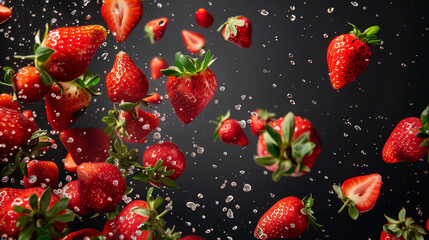 Fresh strawberries and water droplets suspended in mid-air against a dark background