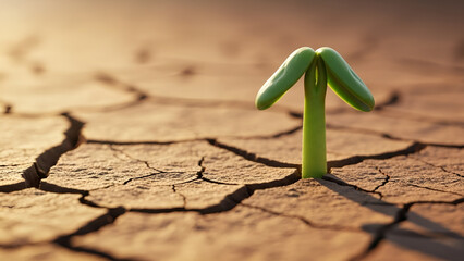 A resilient green sprout bravely pushes through the parched, cracked earth, symbolizing hope, new beginnings, and the enduring power of life even in the most challenging and arid environments.