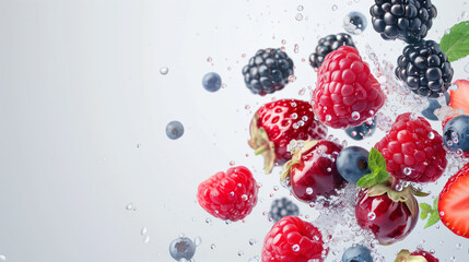 Assortment of fresh berries and strawberries splashing into water with droplets