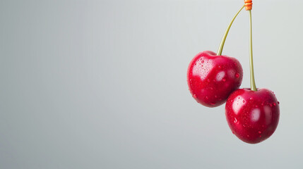 Two ripe cherries with water droplets hanging from stems against a soft gray background
