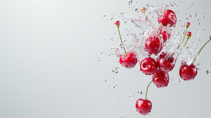 Fresh cherries splashing into water with droplets frozen in motion