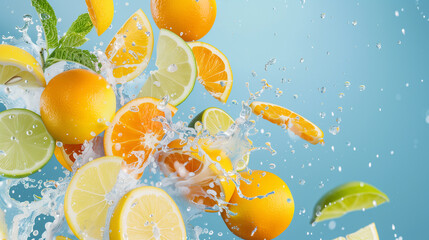 Fresh citrus fruits and mint leaves splashing into clear water with blue background