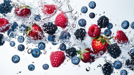 Assortment of fresh berries splashing into clear water, creating dynamic motion and refreshing droplets