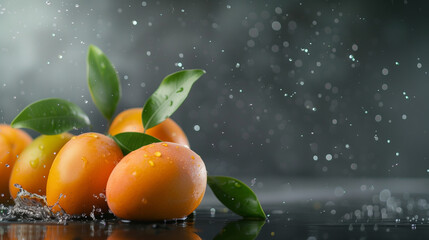Fresh ripe apricots with water droplets and green leaves on a dark reflective surface