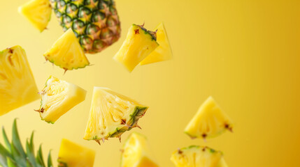 Fresh pineapple slices and chunks are frozen in mid-air against a vibrant yellow background