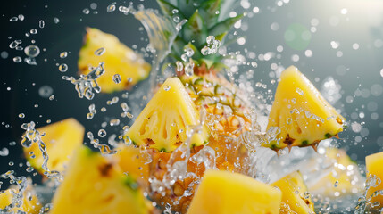 Fresh pineapple chunks and whole fruit splashing into water with dynamic motion