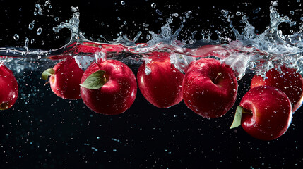 Fresh red apples splashing into clear water with dark background and water droplets