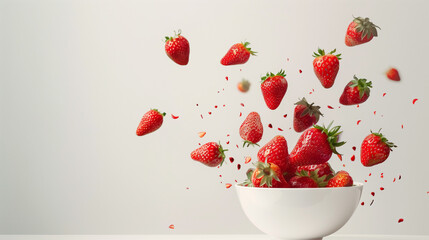Fresh strawberries are flying out of a white bowl in a dynamic studio shot