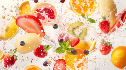 Assortment of fresh fruits and berries splashing in water with mint leaves