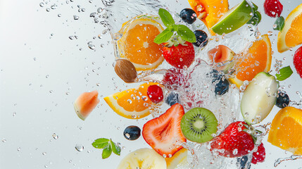 Assortment of fresh fruits splashing into clear water with droplets and splashes