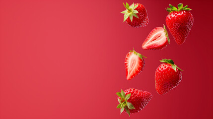 Fresh strawberries falling and sliced in half against a vibrant red background