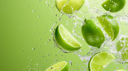 Fresh lime slices and whole limes splashing into clear water with vibrant green background