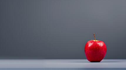 A single, vibrant red apple sits alone on a minimalist gray surface with a plain background