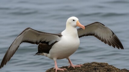A black-browed albatross with its wings spread, standing on a rock near the ocean.