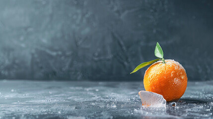Single frozen tangerine with sugar crystals and ice on a dark textured surface