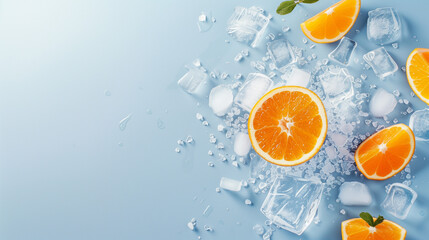 Fresh orange slices and ice cubes scattered on a cool blue background with water droplets