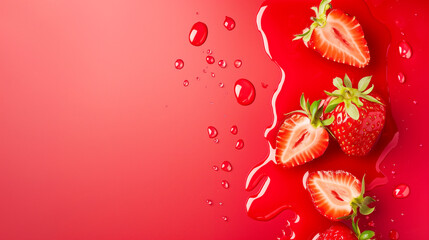 Fresh strawberries sliced and whole with red liquid and droplets on a red background