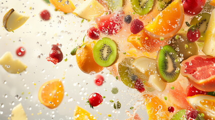 Assortment of fresh fruits and berries exploding in water with splashes and droplets
