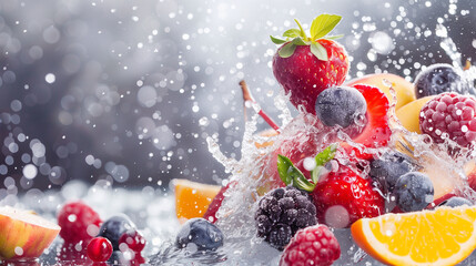 Fresh mixed berries and orange slice splashing in water with bokeh background