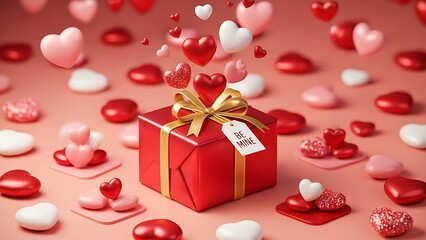 Beautiful red gift box with heart shaped decorations