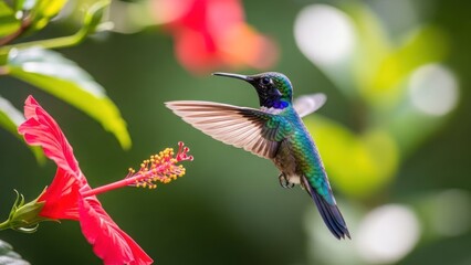 Obraz premium A vibrant hummingbird in flight, hovering near a red hibiscus flower with green leaves in the background.